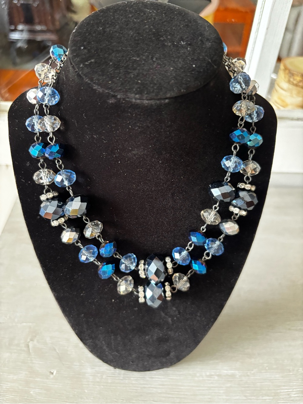 Vintage Crown Trifari Blue and Silver Multi-Strand Faceted Bead Necklace